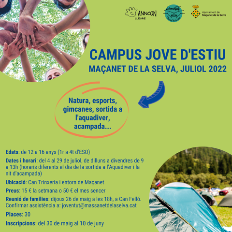 Inscripcions Campus Jove d'Estiu: del 30 de maig al 10 de juny 